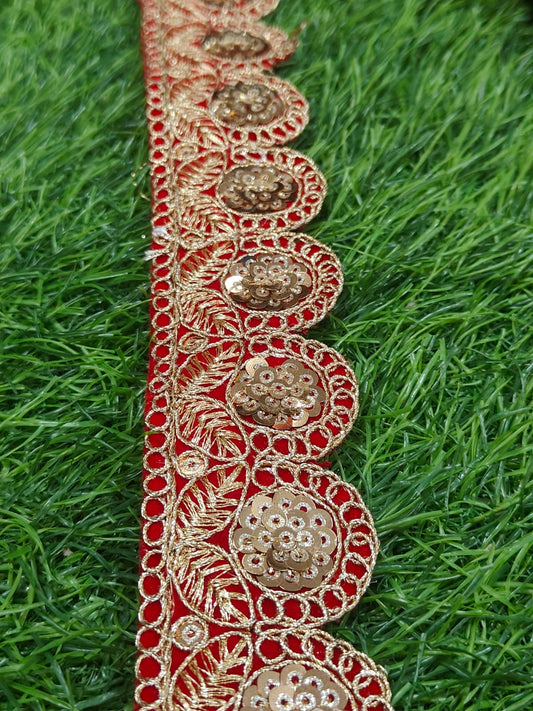 A New Red Color Embroidery With Sequence Lace  9 Mtrs - Image 1