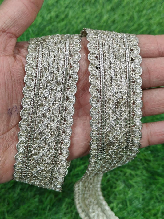 White Polyester & Metallic Thread Premium & Elegant Lace  (9.5 Mtrs) - Image 1