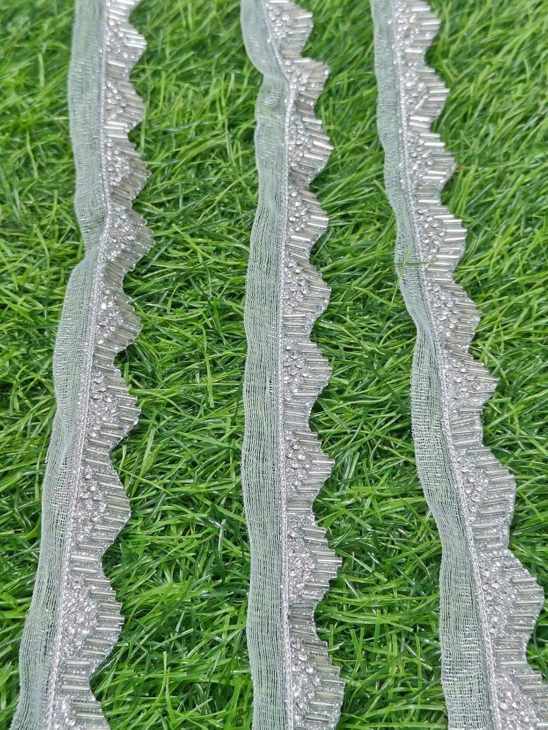 White Polyester & Metallic Thread Premium & Elegant Lace  (9 Mtrs) - Image 1