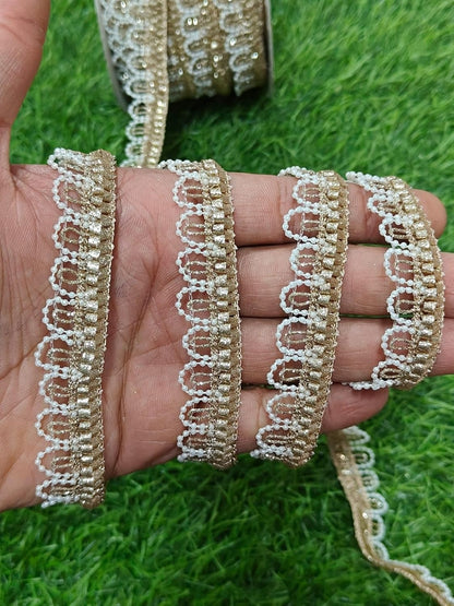 White Polyester & Metallic Thread Premium & Elegant Lace  (9 Mtrs) - Image 1