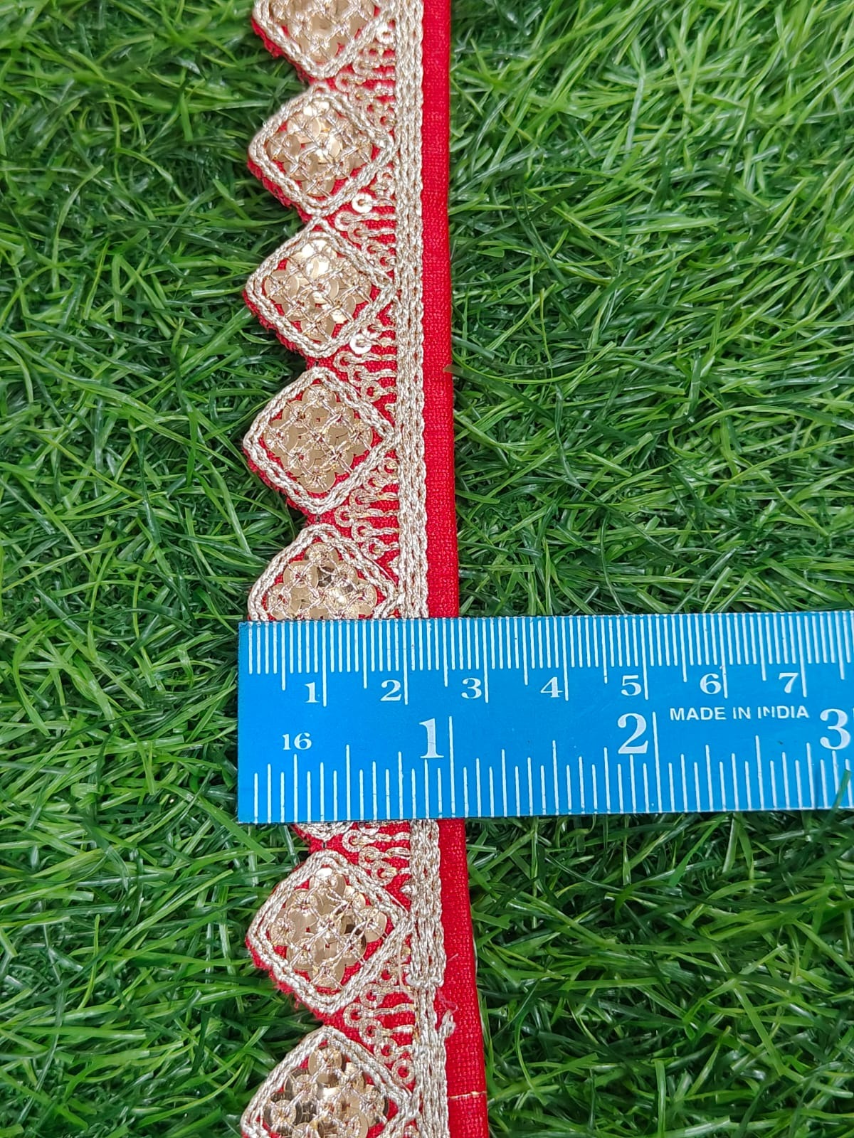 JOLLY COUNTER PRESANT A NEW LACE IN EMBRODARY WITH SEQUANCE IN RED COLOR AND 1.25 INCH SIZE IN 9 MEETER LENGTH. - Image 1