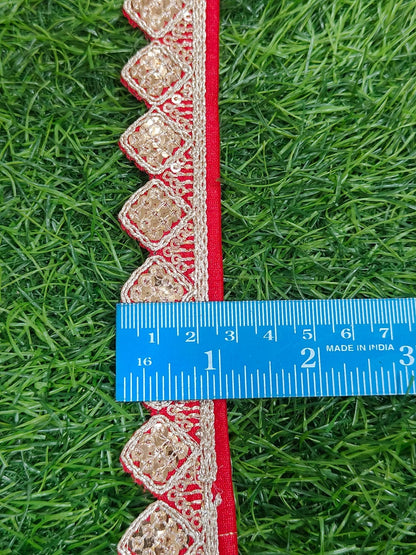 JOLLY COUNTER PRESANT A NEW LACE IN EMBRODARY WITH SEQUANCE IN RED COLOR AND 1.25 INCH SIZE IN 9 MEETER LENGTH. - Image 1