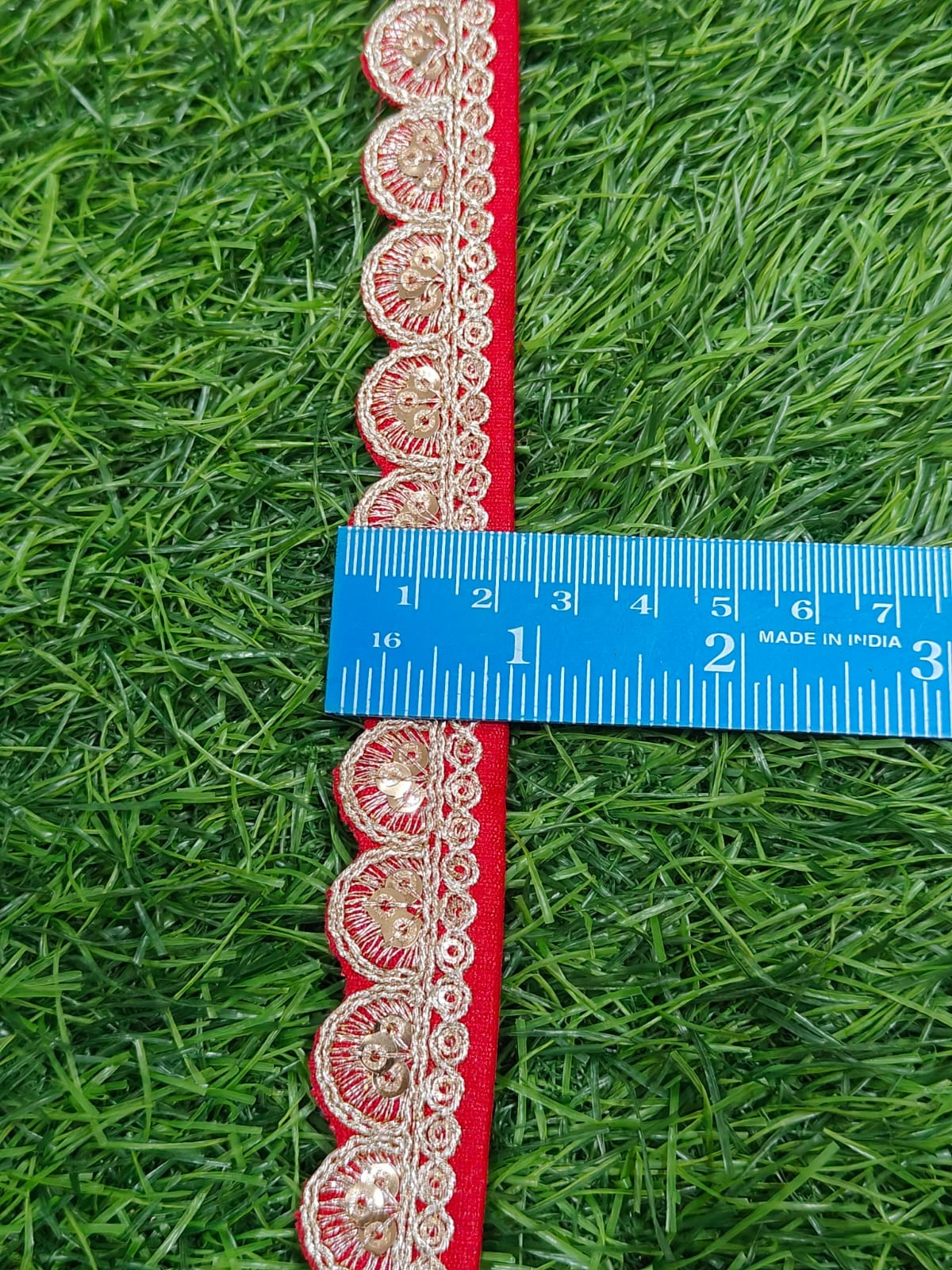 JOLLY COUNTER PRESANT A NEW LACE IN EMBRODARY WITH SEQUANCE IN RED COLOR AND 1 INCH SIZE IN 9 MEETER LENGTH. - Image 3