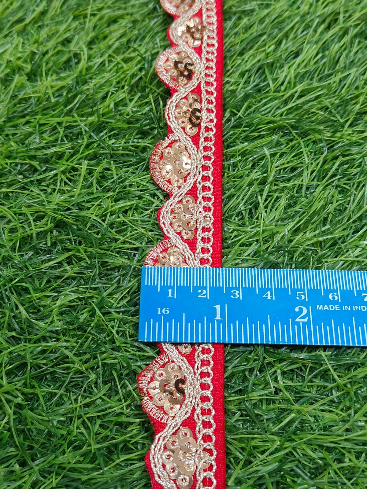 JOLLY COUNTER PRESANT A NEW LACE IN EMBRODARY WITH SEQUANCE IN RED COLOR AND 1 INCH SIZE IN 9 MEETER LENGTH. - Image 3