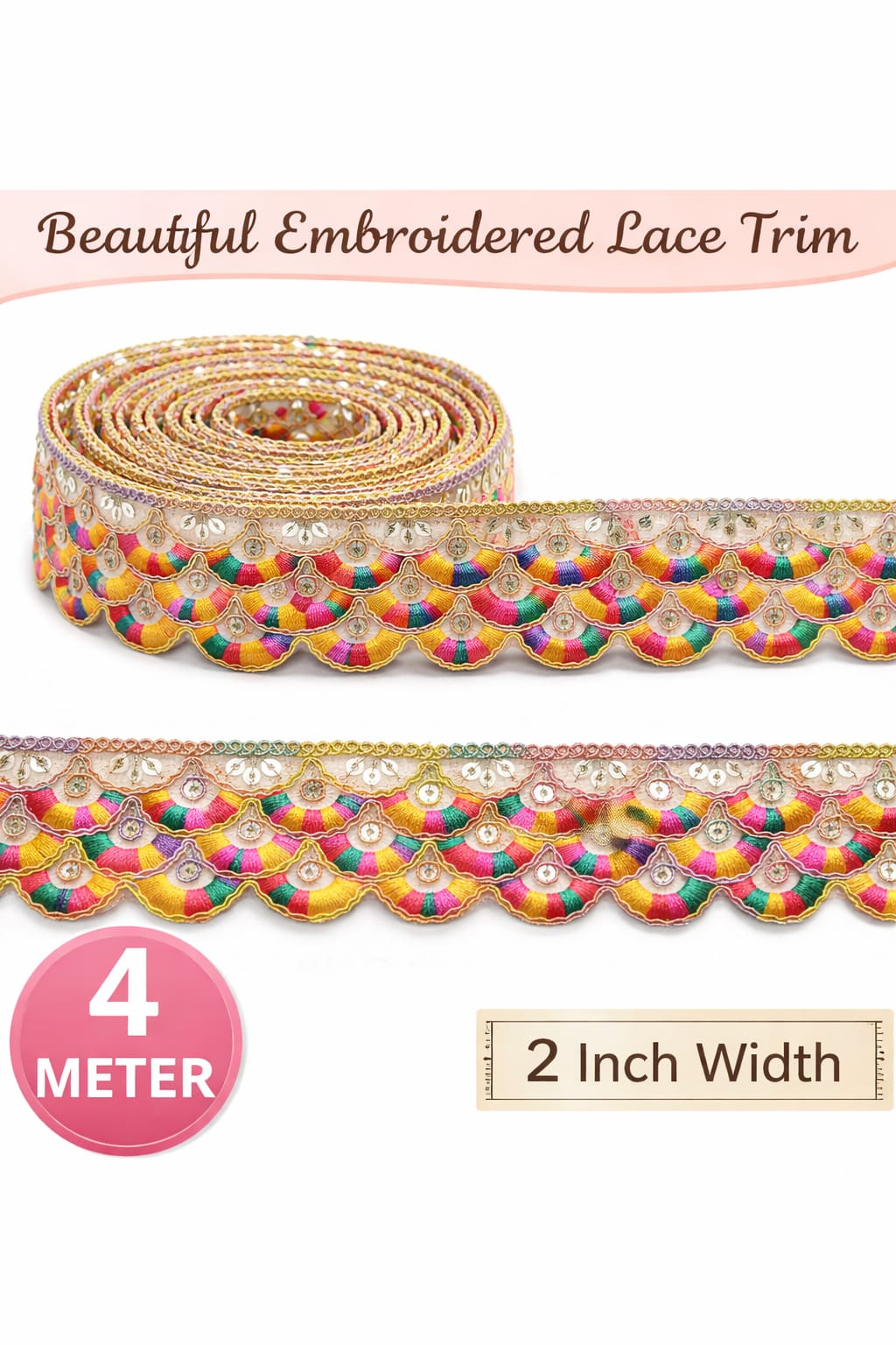 Multicolor Embroidered Lace Border | 4 Meter Length | 2 Inch Width | Designer Sewing Lace Trim