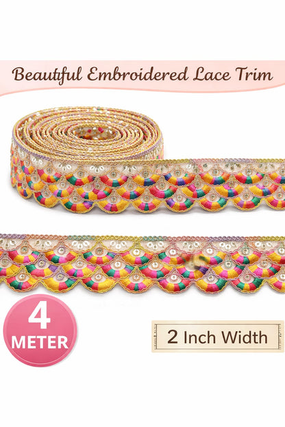 Multicolor Embroidered Lace Border | 4 Meter Length | 2 Inch Width | Designer Sewing Lace Trim