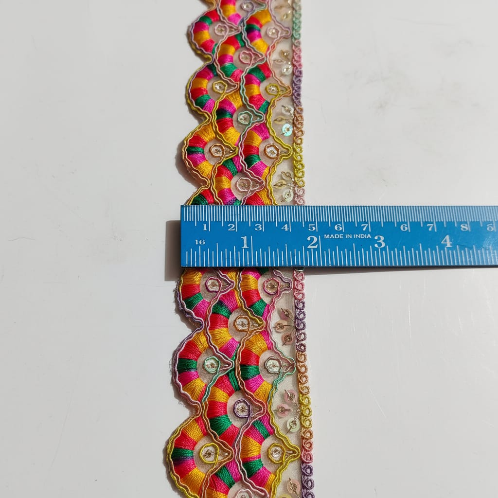 Multicolor Embroidered Lace Border | 4 Meter Length | 2 Inch Width | Designer Sewing Lace Trim