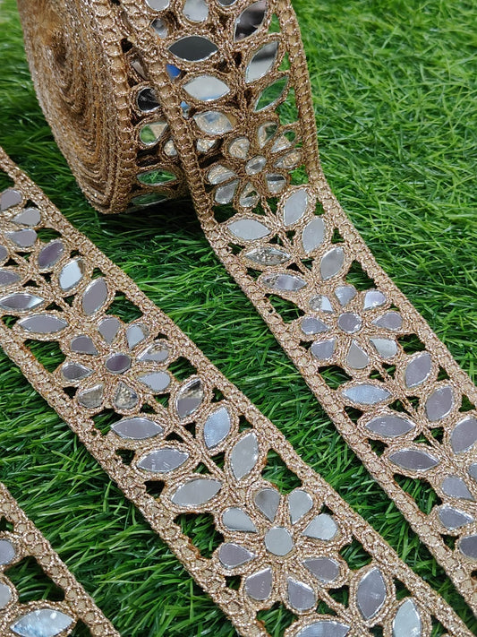 jolly counter a lace brand presant new mirror work lace in 2 inch size and 9 meter length in palmet color. - Image 1